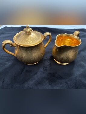 Vintage Pickard Gold Floral Sugar Bowl & Creamer Set - Decorated USA Japan #500